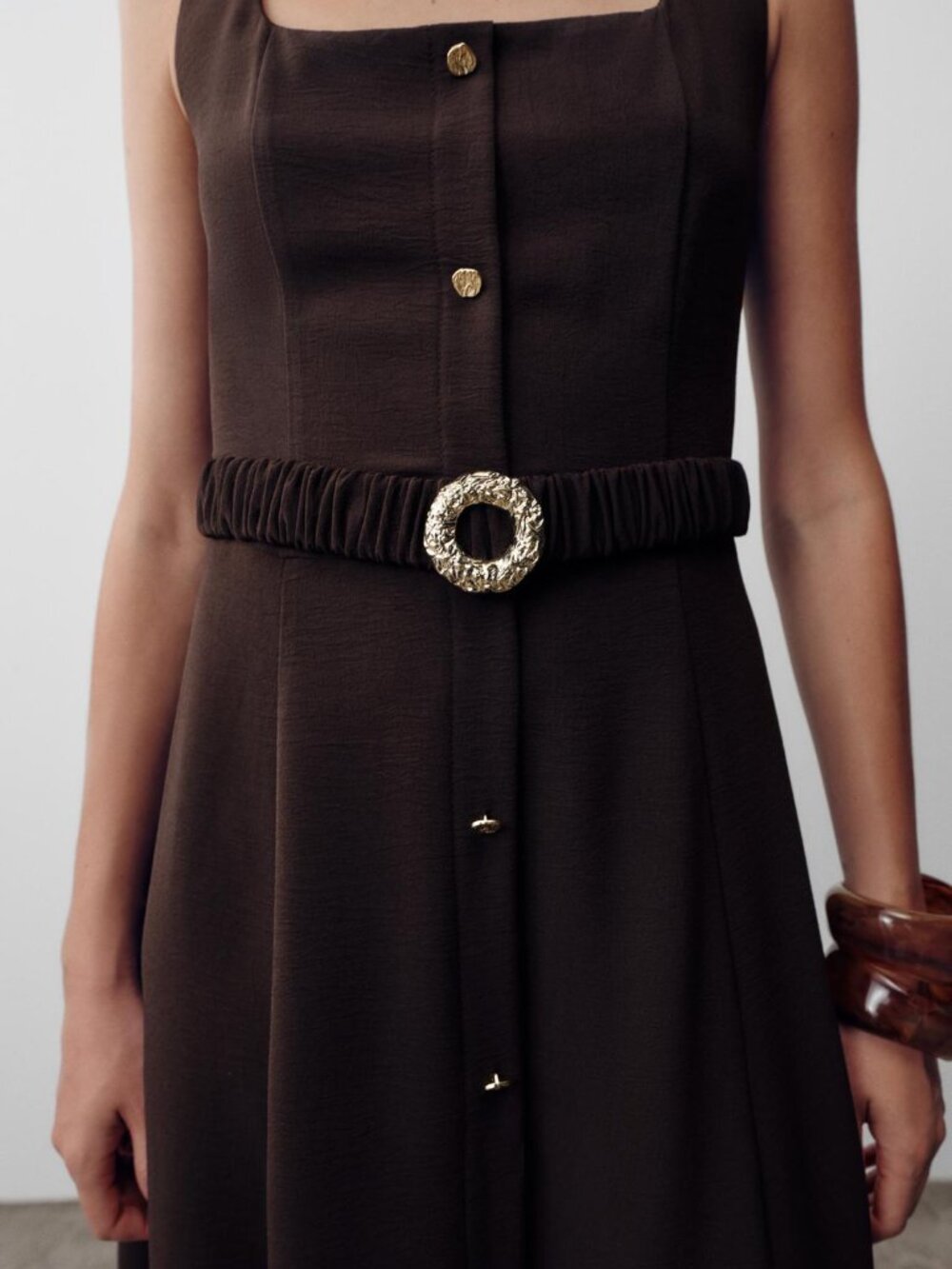 Zara Belted Midi Dress Brown Sleeveless Square Neck Gold Buckle Small NWT Summer - Picture 2 of 9